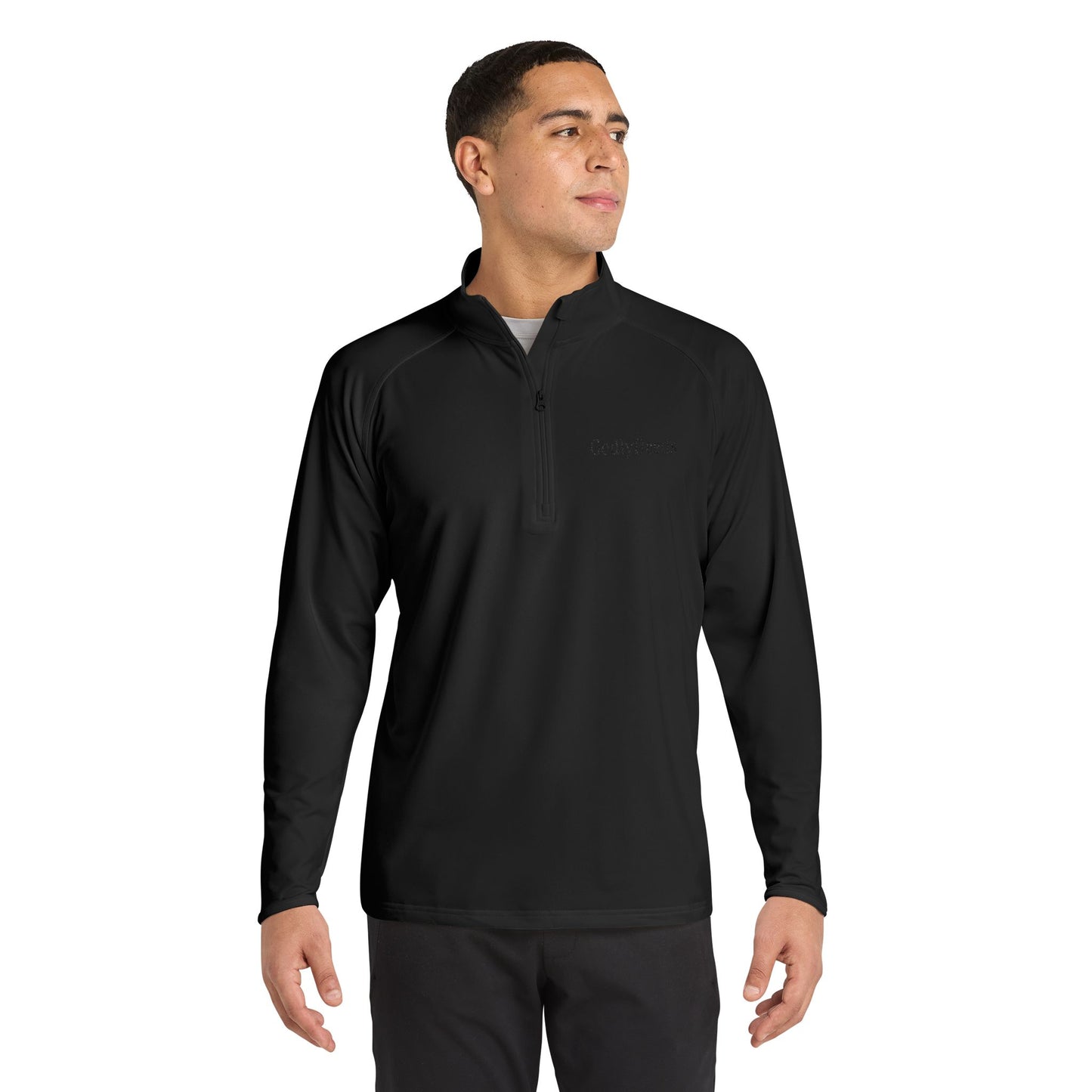 Embroidered Quarter-Zip Pullover — 'Gently Dazed' Performance Top