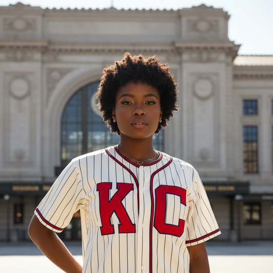 Person wearing a baseball jersey with 'KC' on it in front of a large building.