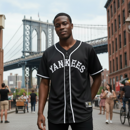 Person wearing a Yankees jersey standing in an urban setting with a bridge in the background