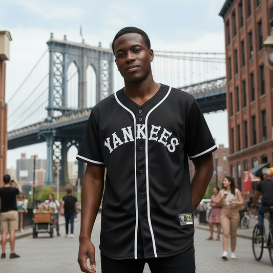 Person wearing a Yankees jersey standing in an urban setting with a bridge in the background
