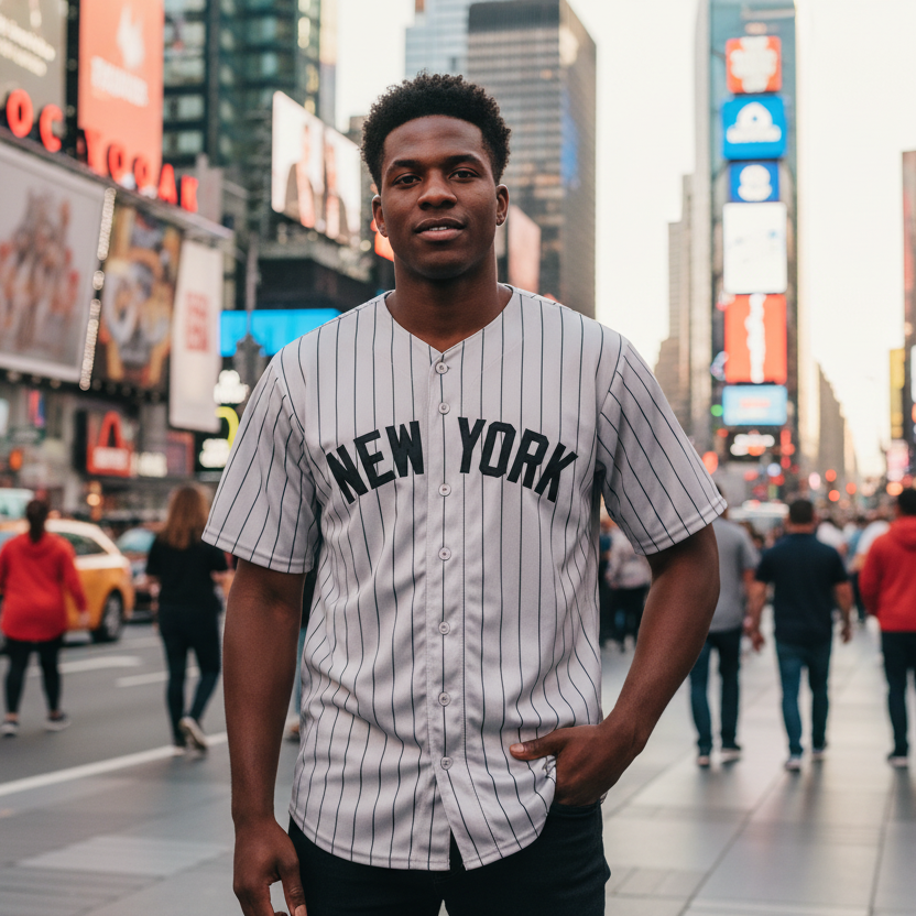 Man wearing a 'New York' jersey in Times Square with billboards and people in the background