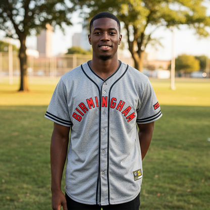 Person wearing a 'Birmingham' baseball jersey standing on a grassy field with trees and buildings in the background.