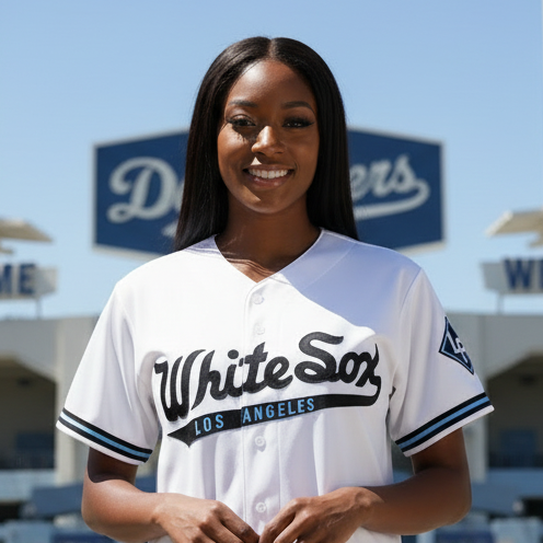 Person wearing a White Sox Los Angeles baseball jersey with a clear sky background