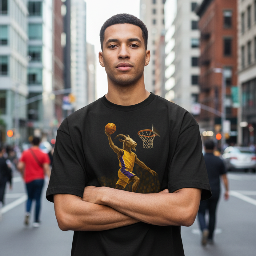 Black t-shirt with a graphic of a basketball player dunking a ball on a white background