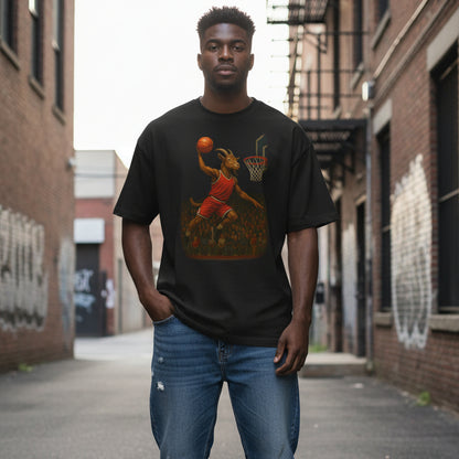 Black t-shirt with a graphic of a goat playing basketball on a white background