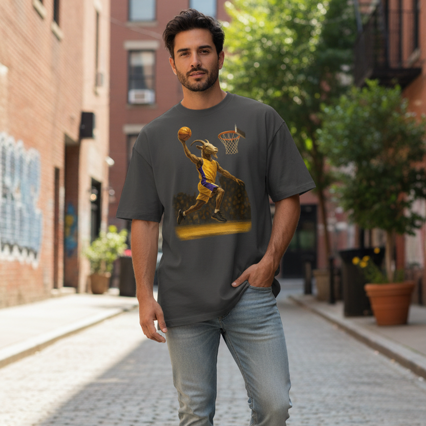Black t-shirt with a graphic of a basketball player dunking a ball on a white background