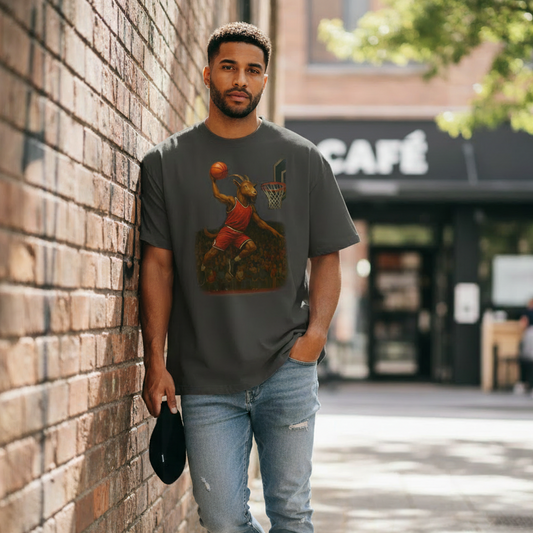 Man wearing a graphic t-shirt leaning against a brick wall with a cafe in the background