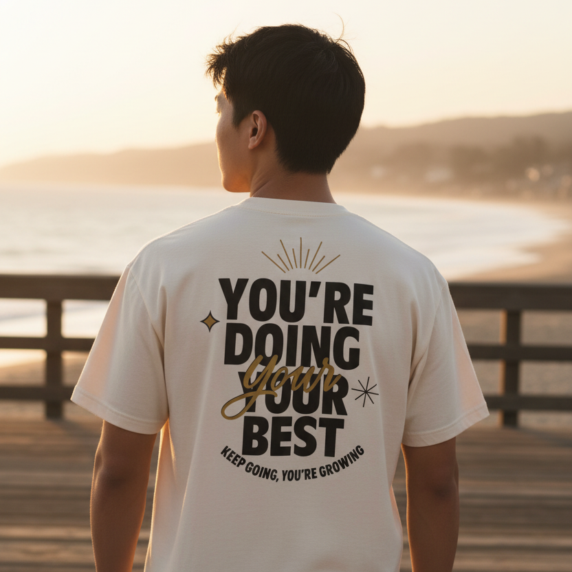 Beige t-shirt with motivational text on the back against a white background