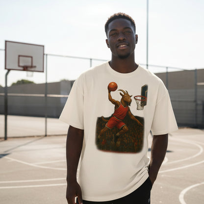 Beige t-shirt with a graphic of a goat playing basketball on a white background