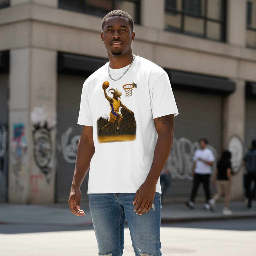 White t-shirt with a graphic of a basketball player and hoop on a white background