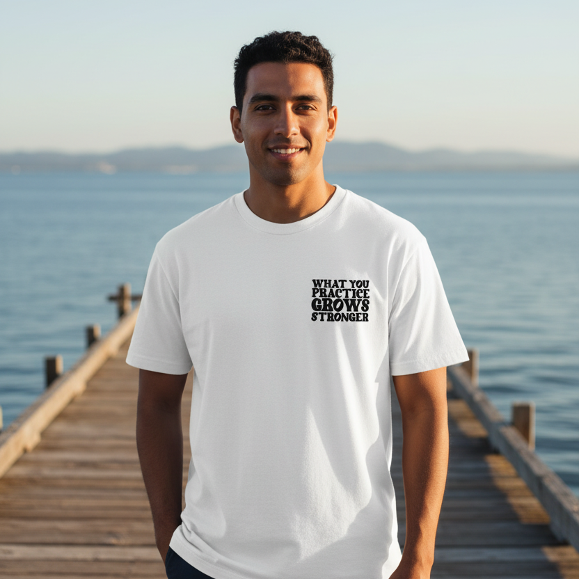 Man wearing a white t-shirt with text standing on a wooden dock by the water.