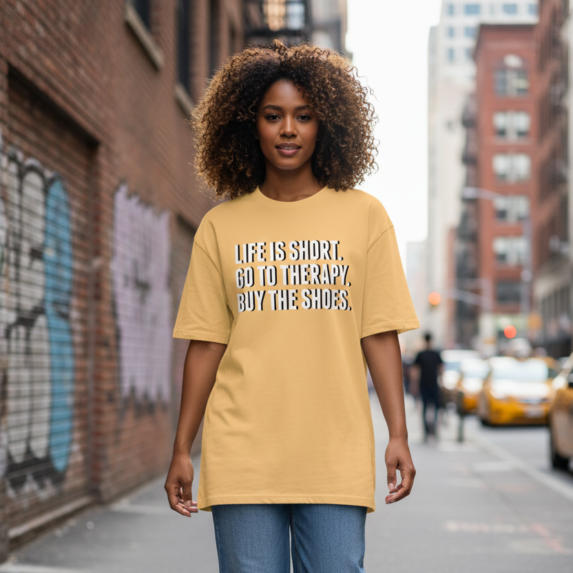 Person wearing a yellow t-shirt with text walking on a city street.