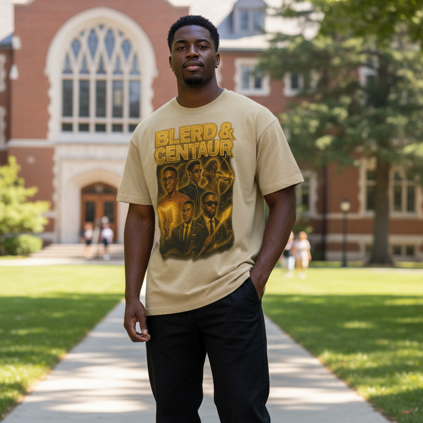 Person wearing a beige t-shirt with graphic design in an outdoor setting
